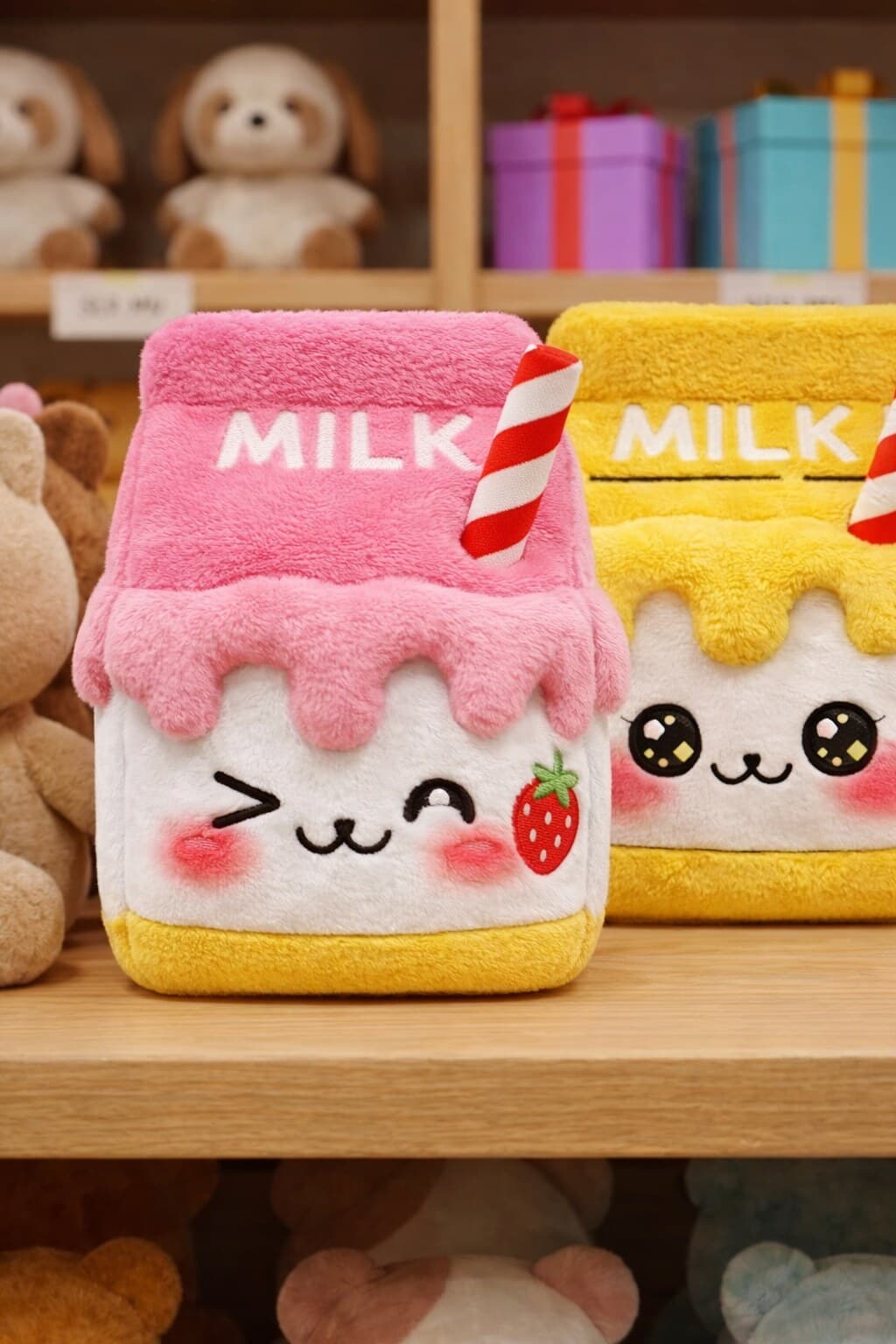 Shelf of plush backpacks