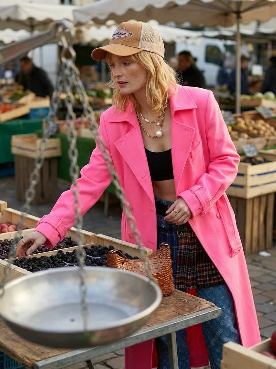 Market in a pink coat