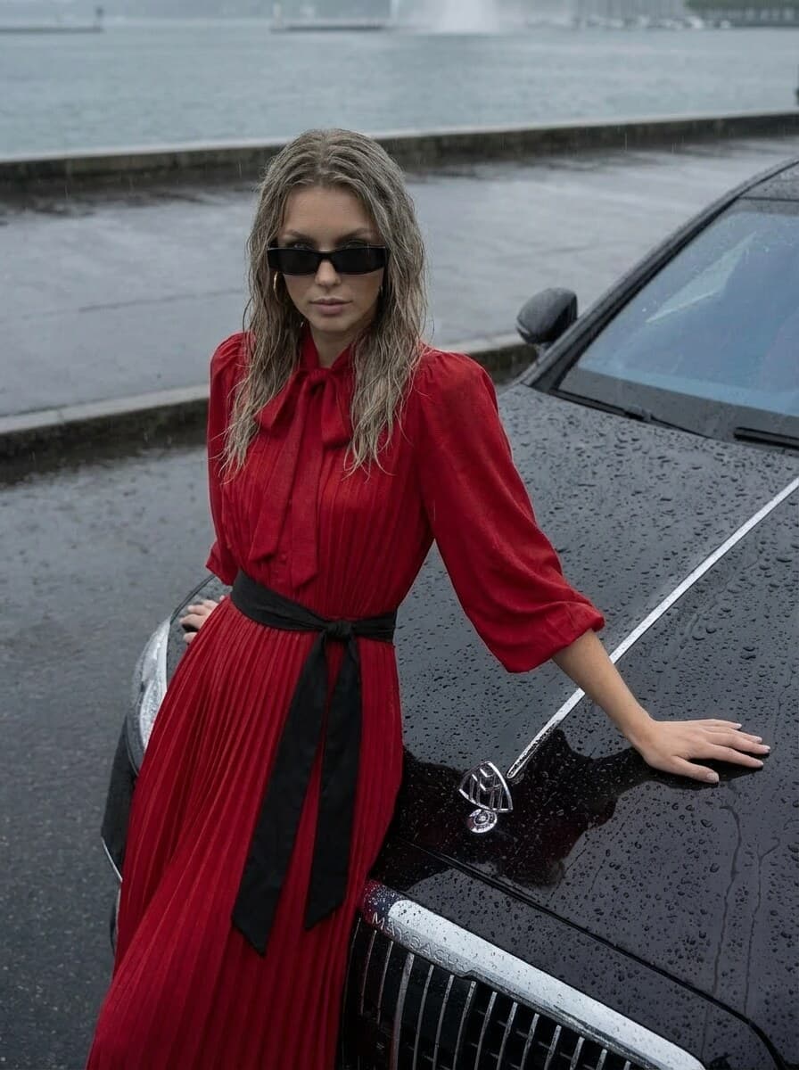 Red dress, black sedan
