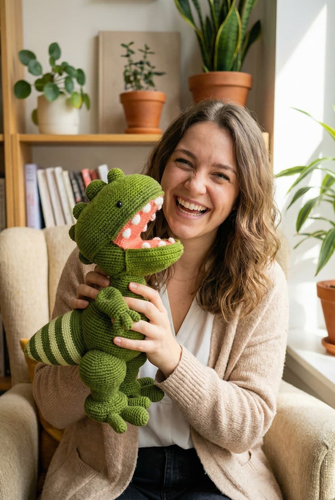 With a plush dinosaur
