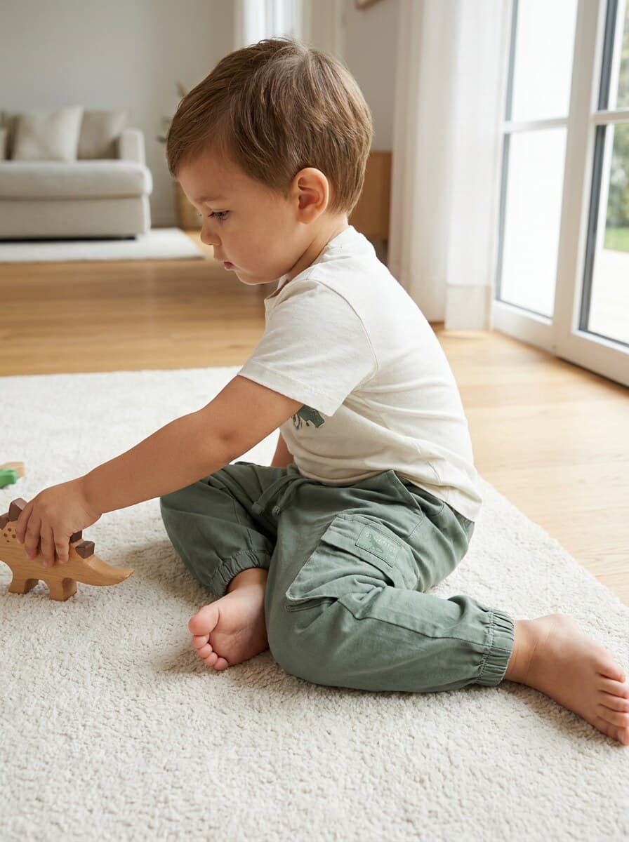 Toddler with wooden toy