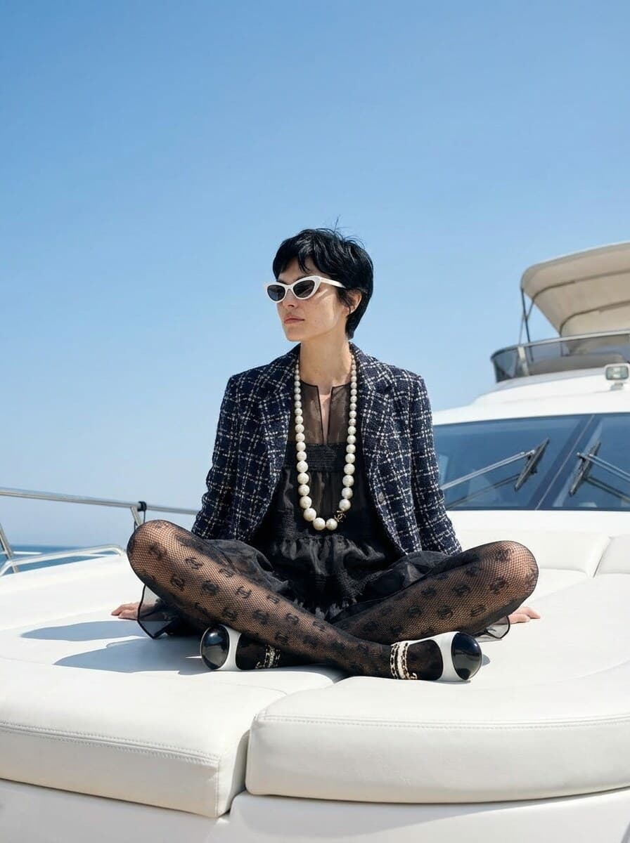 On the yacht bow in tweed